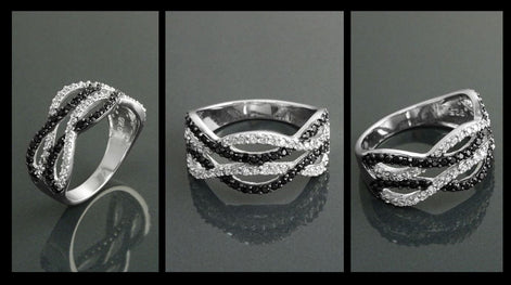Sterling Silver Intertwined Waves Ring, Black White CZ Stones, Cocktail Ring