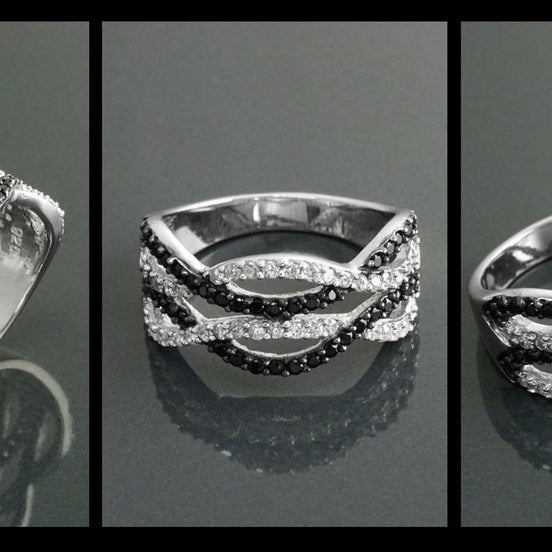 Sterling Silver Intertwined Waves Ring, Black White CZ Stones, Cocktail Ring