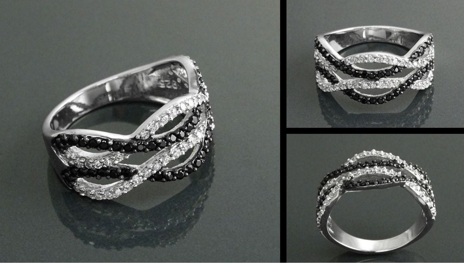 Sterling Silver Intertwined Waves Ring, Black White CZ Stones, Cocktail Ring