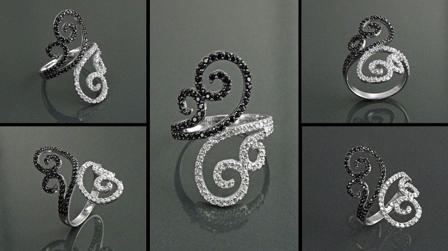 Art Deco Sterling Silver Spirals Ring, Black White CZ Spirals Cocktail Statement Jewelry