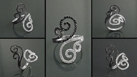 Art Deco Sterling Silver Spirals Ring, Black White CZ Spirals Cocktail Statement Jewelry