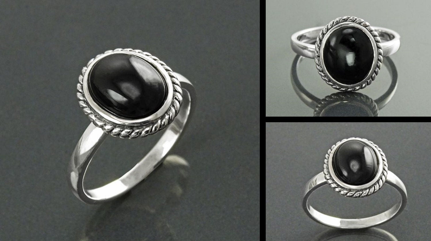 Round Black Antique Ring, Sterling Silver, Natural Onyx Gemstone, Rope Ring, Boho Hipster Ring, Round Stone Ring, Midi Ring, Vintage Ring