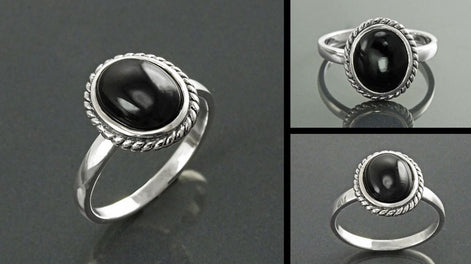 Round Black Antique Ring, Sterling Silver, Natural Onyx Gemstone, Rope Ring, Boho Hipster Ring, Round Stone Ring, Midi Ring, Vintage Ring