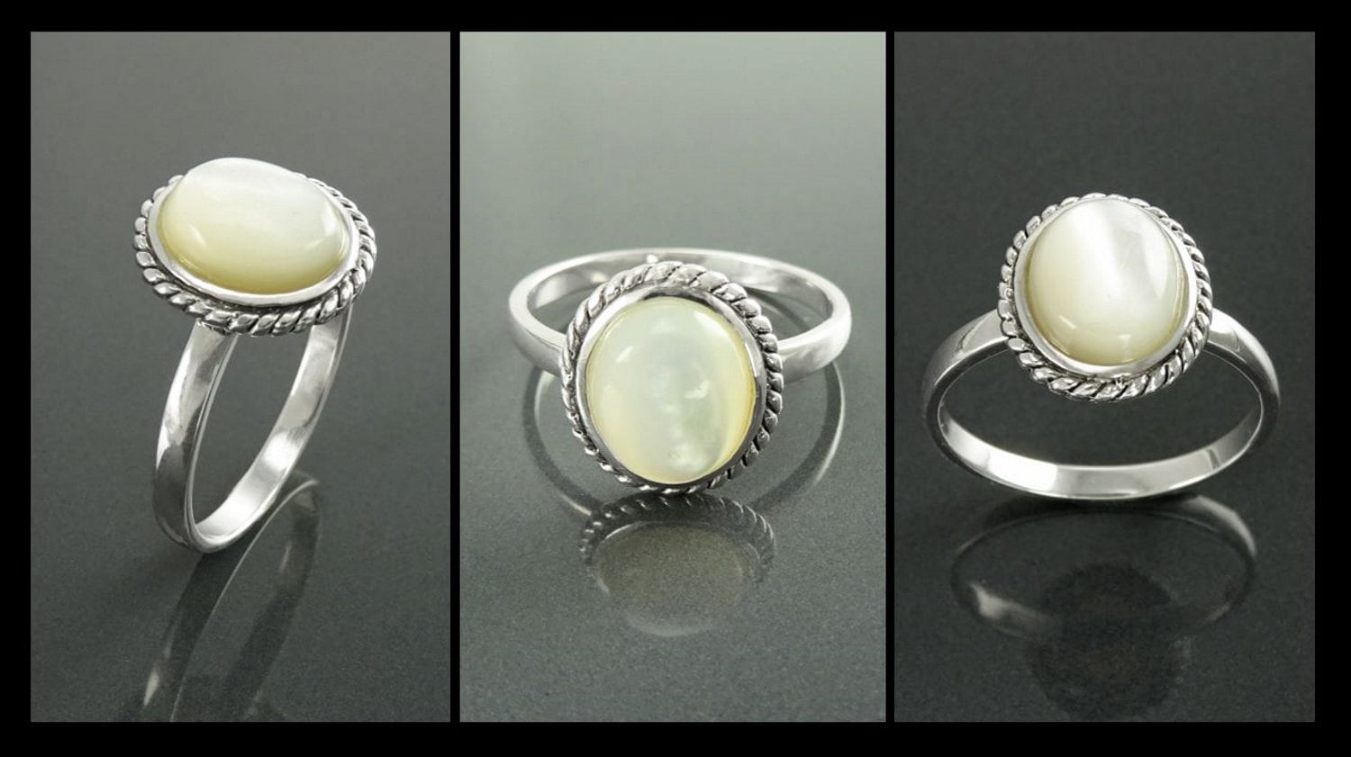 Une bague en argent massif avec une pierre ovale blanche sertie dans une bordure en forme de corde de style antique. Un bijou artisanal en matériau durable. Fait à la main par des créateurs locaux. KRAMIKE, une boutique de confiance recommandée par des milliers d'avis positifs.