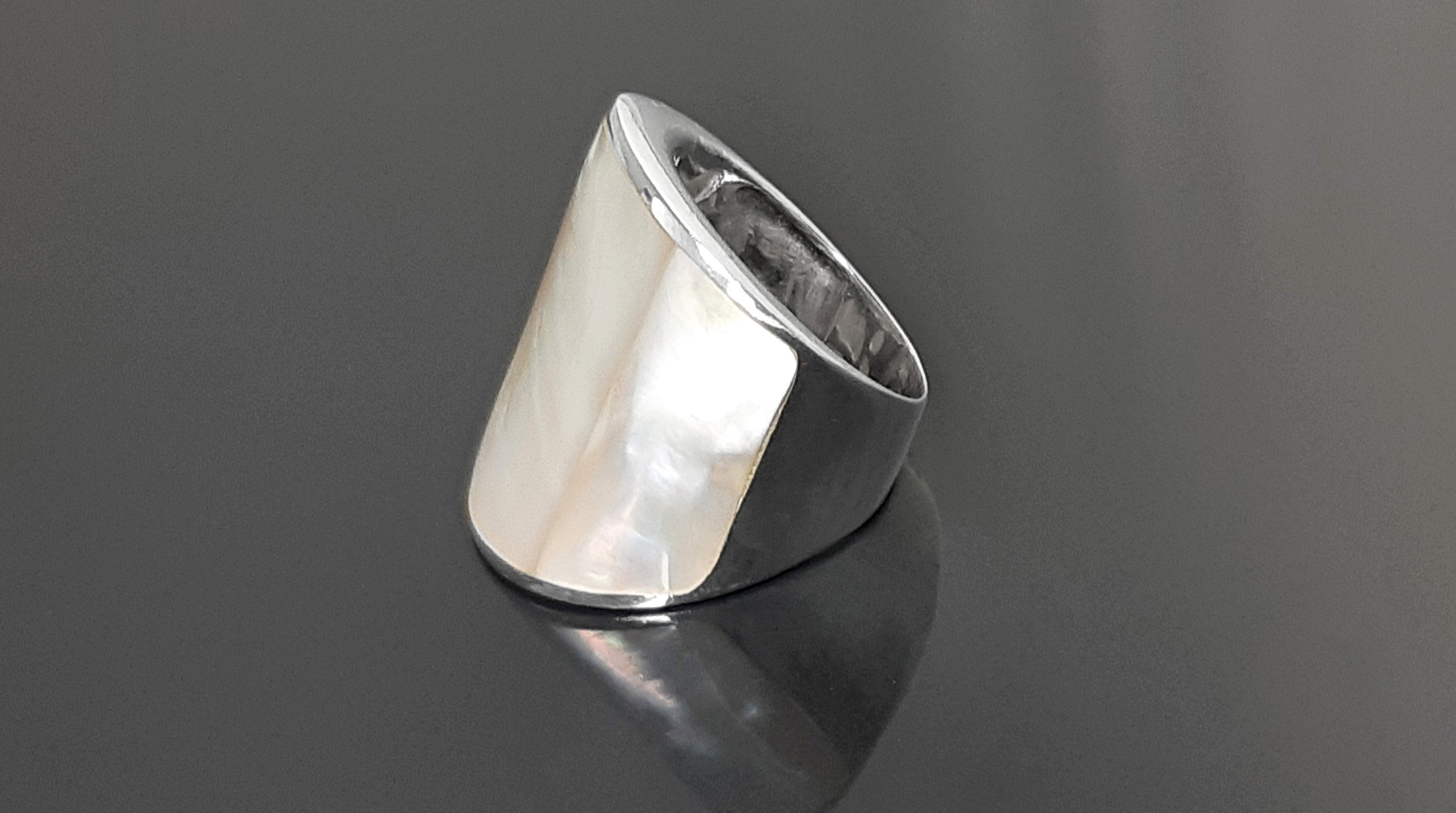 Statement Cuff Ring Sterling Silver genuine White Mother of Pearl Finger Armor Wide Ring 3 Pieces of White Pearl Shell MOP Large Ring