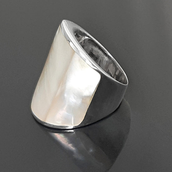 Statement Cuff Ring Sterling Silver genuine White Mother of Pearl Finger Armor Wide Ring 3 Pieces of White Pearl Shell MOP Large Ring