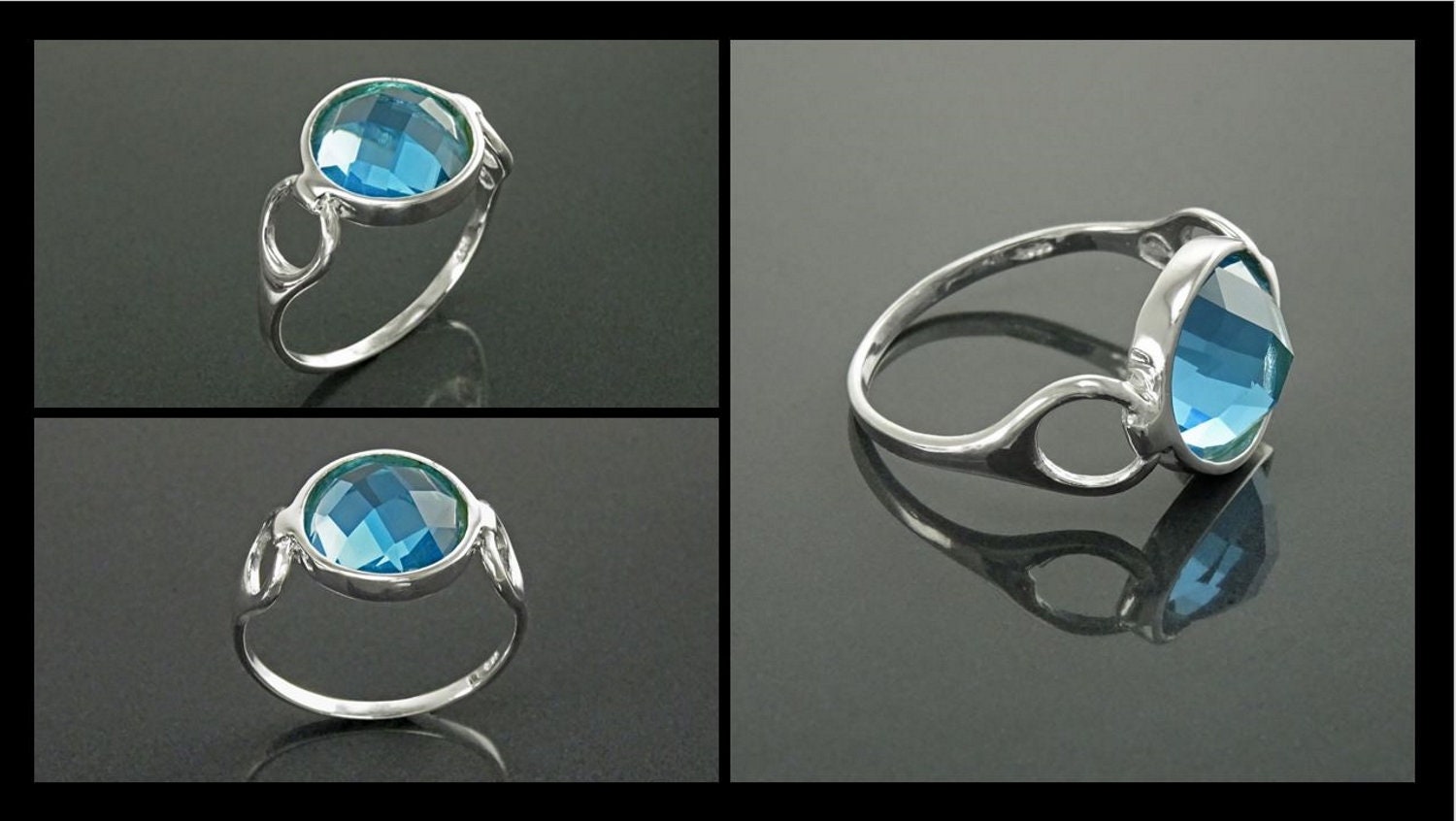 Blue Round Ring, Sterling Silver, Blue Aquamarine Color Stone (CZ), Faceted Round Cushion, Modern Ring, Unusual Original Setting,
