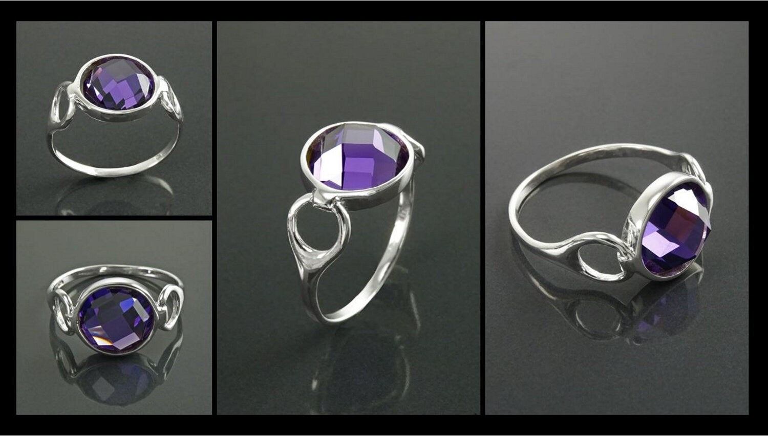 Purple Ring, Sterling Silver, Amethyst Color Round Stone (CZ), Unique Faceted Round Stone, Original Solitaire Violet Stone Jewelry