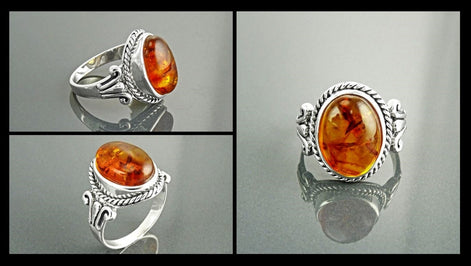 Oval Amber Gemstone Ring, Sterling Silver Rope Shank, Boho Unisex Jewelry By KRAMIKE