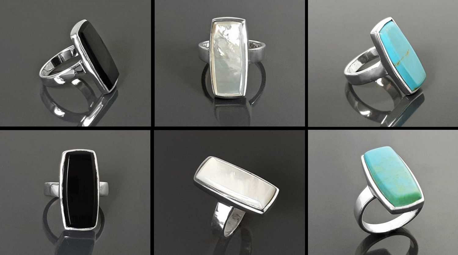 Sterling Silver Rectangle Mother-of-Pearl Ring, Modern Statement Jewelry