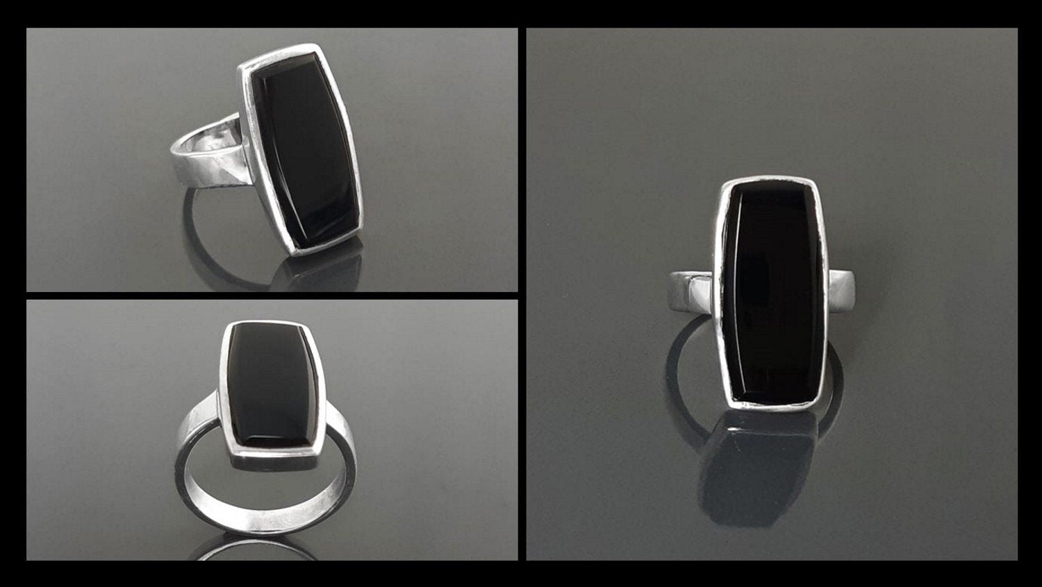 Black onyx ring, sterling silver set with a rectangle onyx stone in a unique modern design