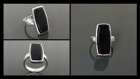 Black onyx ring, sterling silver set with a rectangle onyx stone in a unique modern design
