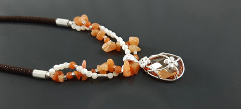 Orange Stone Color Necklace, Sterling Silver, NATURAL Agate Stones, Pearls Strands, Lab Orange Stone Cz, Flower Pendant, Stingray Collar
