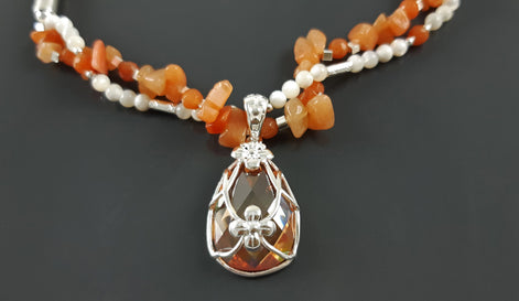 Orange Stone Color Necklace, Sterling Silver, NATURAL Agate Stones, Pearls Strands, Lab Orange Stone Cz, Flower Pendant, Stingray Collar
