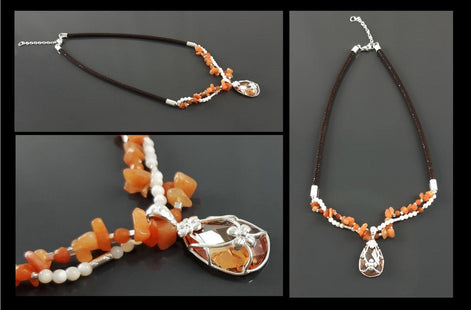 Orange Stone Color Necklace, Sterling Silver, NATURAL Agate Stones, Pearls Strands, Lab Orange Stone Cz, Flower Pendant, Stingray Collar