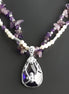 Amethyst Necklace, Sterling Silver, Genuine Raw Amethyst Stones, Shell Pearls Strands, Purple Cz Stone Flower Pendant, Mother's Day Gift