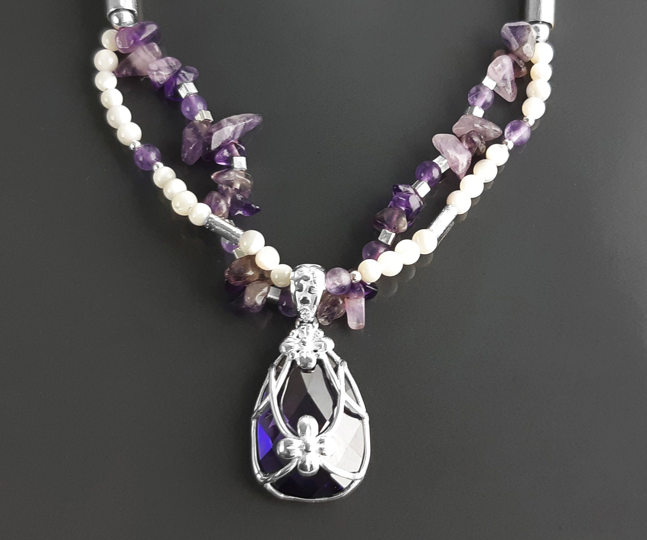Amethyst Necklace, Sterling Silver, Genuine Raw Amethyst Stones, Shell Pearls Strands, Purple Cz Stone Flower Pendant, Mother's Day Gift