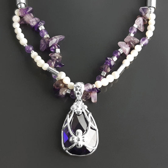 Amethyst Necklace, Sterling Silver, Genuine Raw Amethyst Stones, Shell Pearls Strands, Purple Cz Stone Flower Pendant, Mother's Day Gift