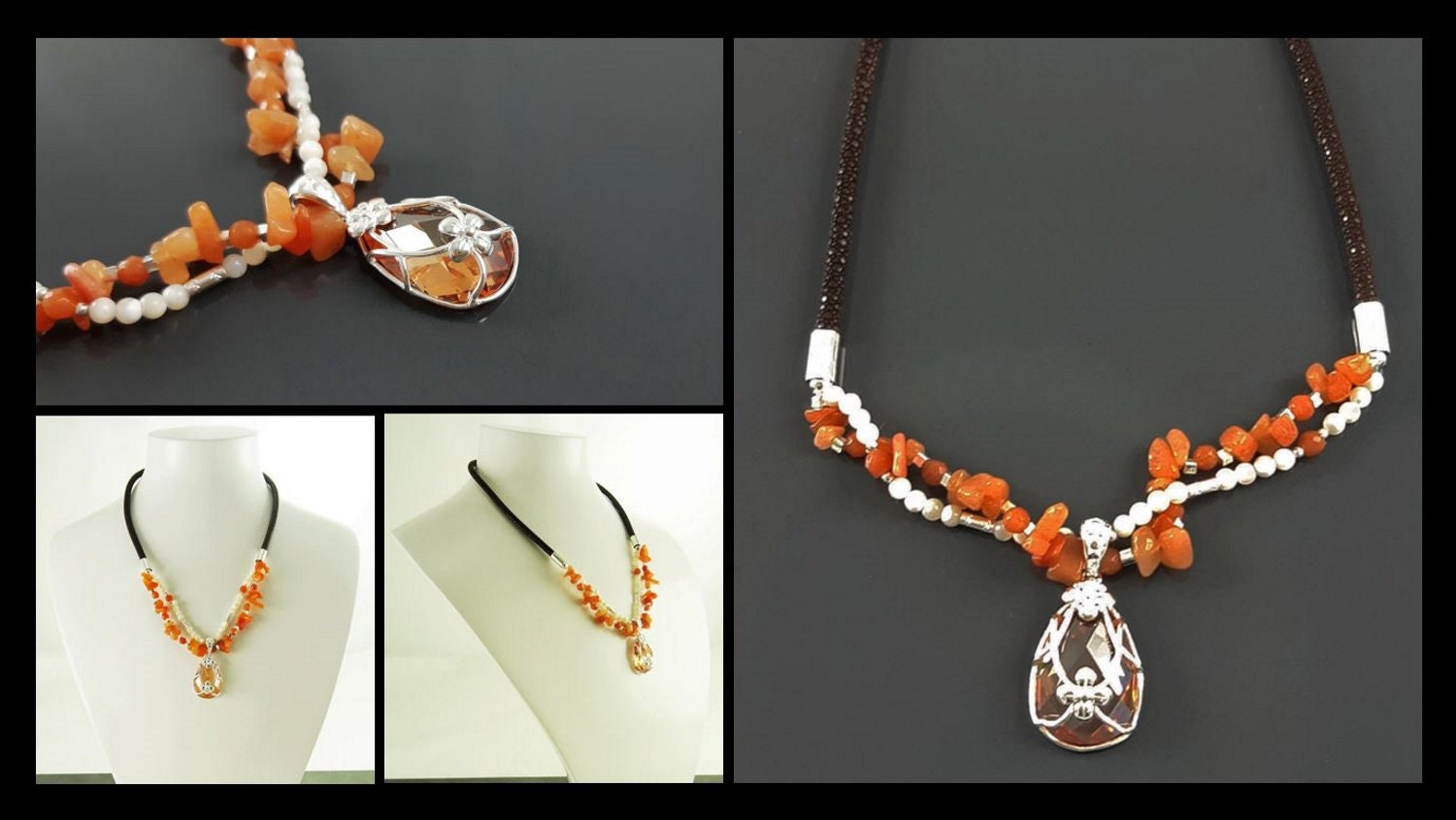 Orange Stone Color Necklace, Sterling Silver, NATURAL Agate Stones, Pearls Strands, Lab Orange Stone Cz, Flower Pendant, Stingray Collar