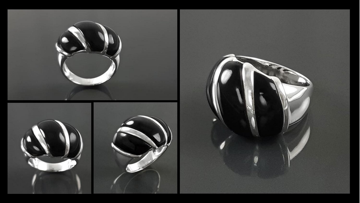 Onyx Domed Ring, Sterling Silver, Women Beautiful Dome Ring, Black Stone Band Ring, Three Bands Wide Ring, Fashion Vintage Ring