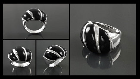 Onyx Domed Ring, Sterling Silver, Women Beautiful Dome Ring, Black Stone Band Ring, Three Bands Wide Ring, Fashion Vintage Ring