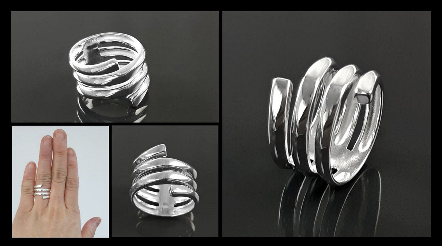Infinity Wrap Ring, Sterling Silver, Coiled Ring, Bypass Ring, Cuff Ring, Spring Ring, Spiral Ring, Wrapped Ring, Open Ring, Wide Large Ring