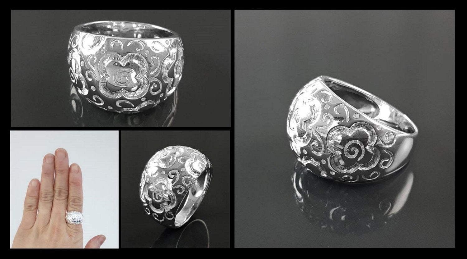70's Flower Ring - Sterling Silver, engraved floral nature Flowers Pattern - Hipster Boho Flower Power Wide Domed Band Ring