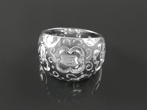70's Flower Ring - Sterling Silver, engraved floral nature Flowers Pattern - Hipster Boho Flower Power Wide Domed Band Ring