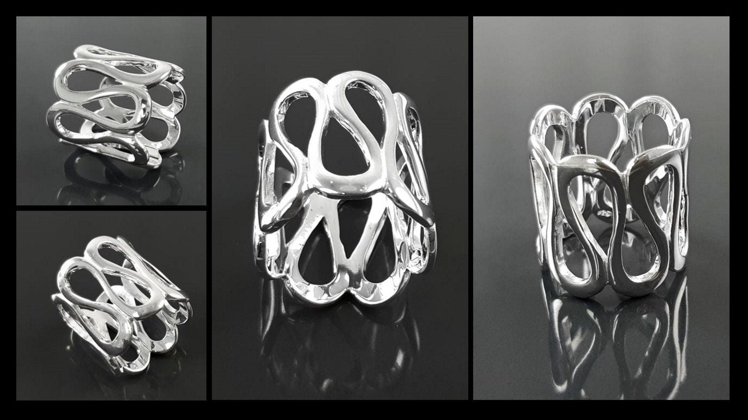 Sterling Meander Cuff Ring, 925 Silver, Ring, Greek Pattern Large Band Ring, Hellenic Spiral Ring, Large Frieze Ring, Wide Open Swirl Ring