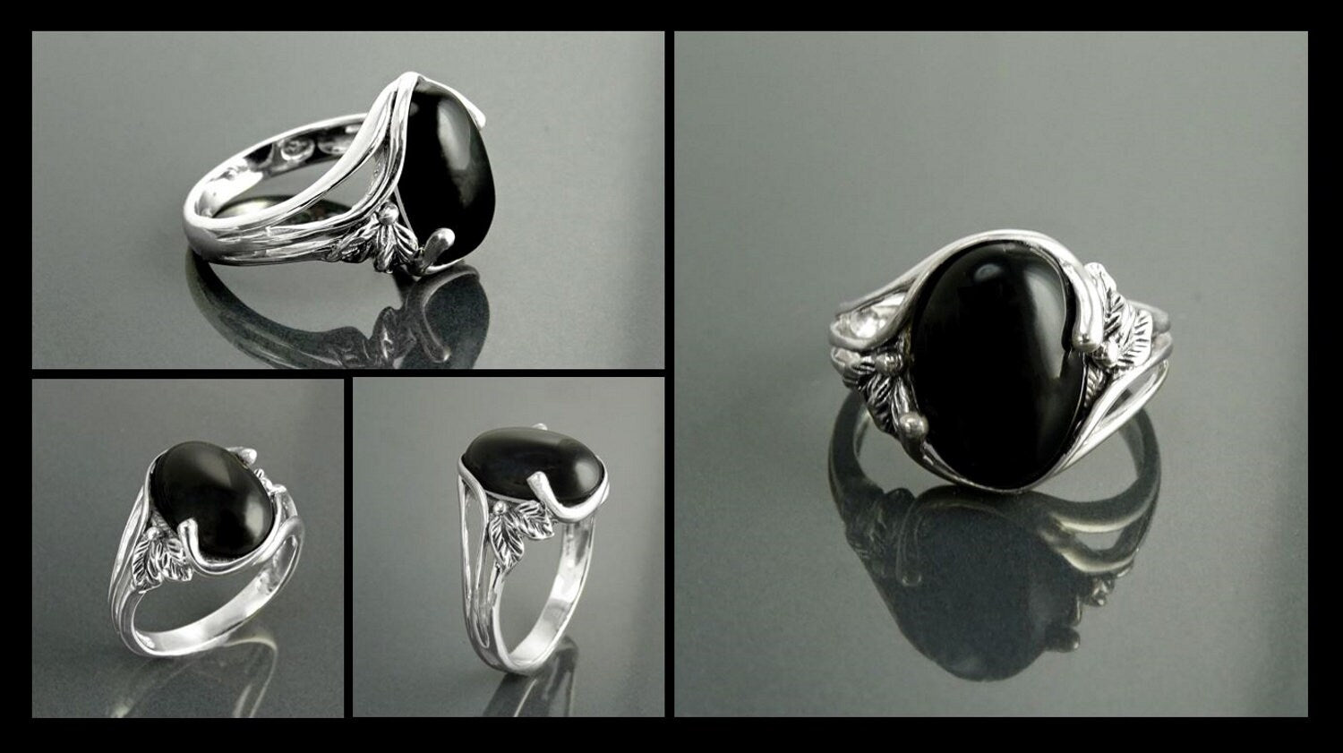 Sterling Silver Onyx Leaf Ring, Boho Antique Rope Shank Band, Oval Black Gemstone
