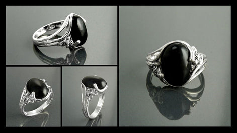 Sterling Silver Onyx Leaf Ring, Boho Antique Rope Shank Band, Oval Black Gemstone