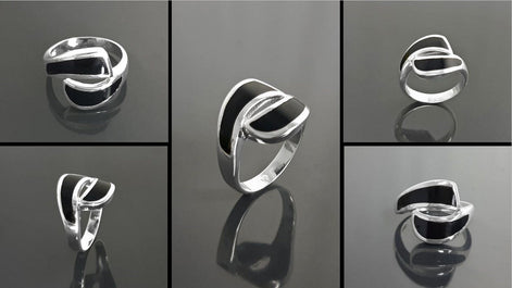 Black Waves Ring, Sterling Silver, Black Onyx Stone Jewelry, Modern Geometric Bypass Curved Comma Wave Design, Inlay Stones