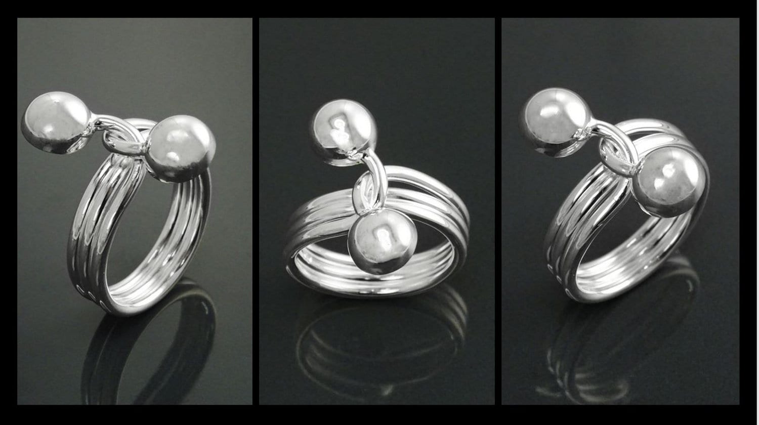 Ball Ring, Sterling Silver, Bypass Half Ring, Cross Balls Crossing Spiral Coiled Ring, Modern Minimalist Geometric Round Designed Jewelry