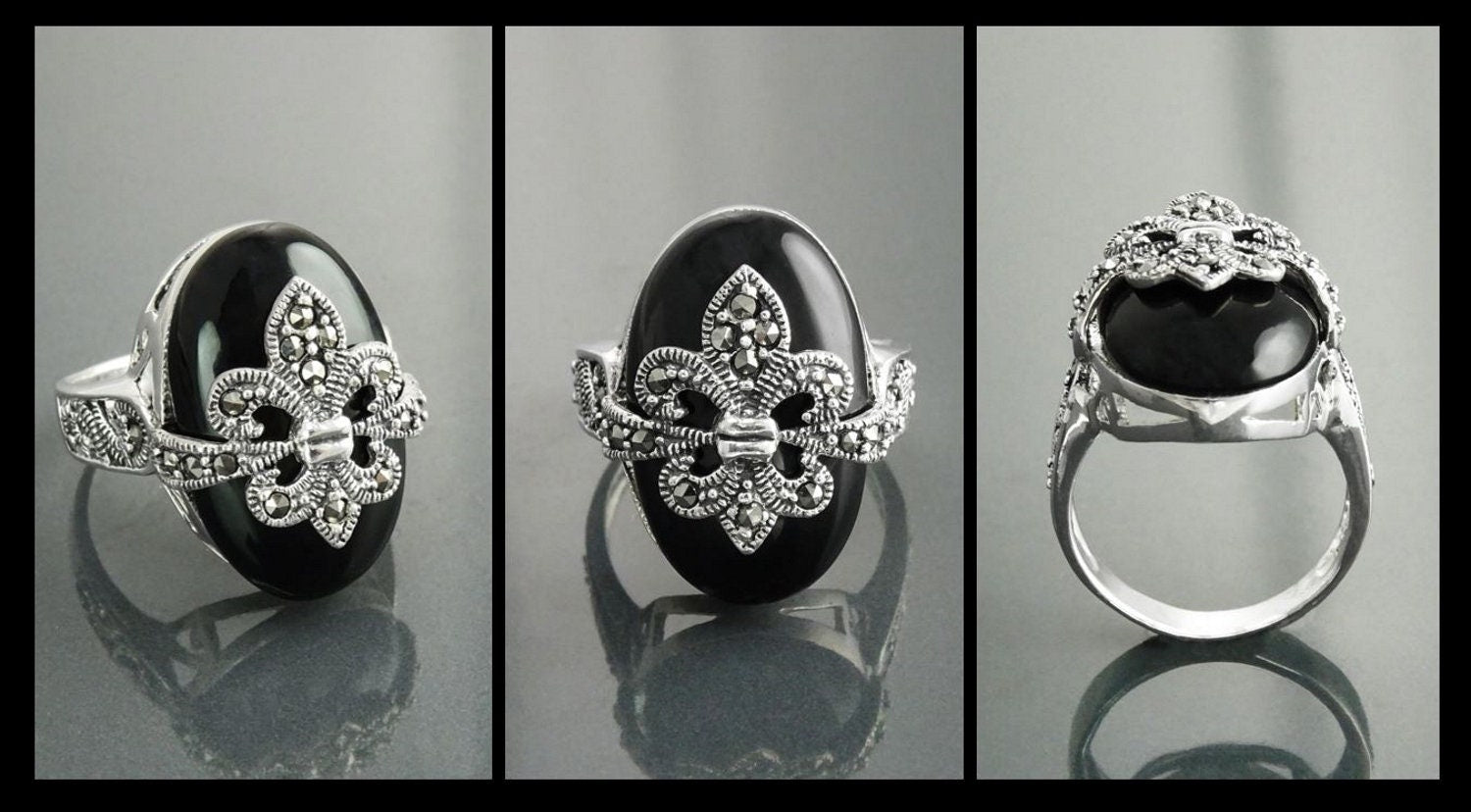 Fleur de Lys Ring, Silver 925, Marcasite Ring, Real Black Onyx, French Vintage Jewelry, Lis Petals Symbol of Purity, Innocence and Virginity