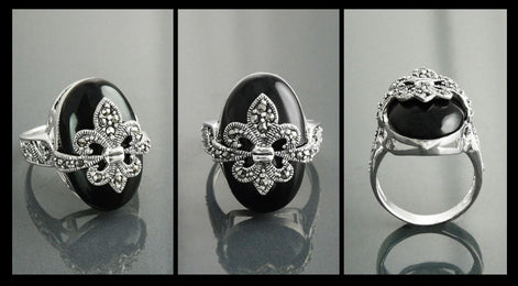 Fleur de Lys Ring, Silver 925, Marcasite Ring, Real Black Onyx, French Vintage Jewelry, Lis Petals Symbol of Purity, Innocence and Virginity