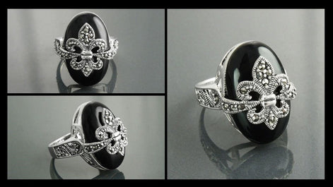 Fleur de Lys Ring, Silver 925, Marcasite Ring, Real Black Onyx, French Vintage Jewelry, Lis Petals Symbol of Purity, Innocence and Virginity