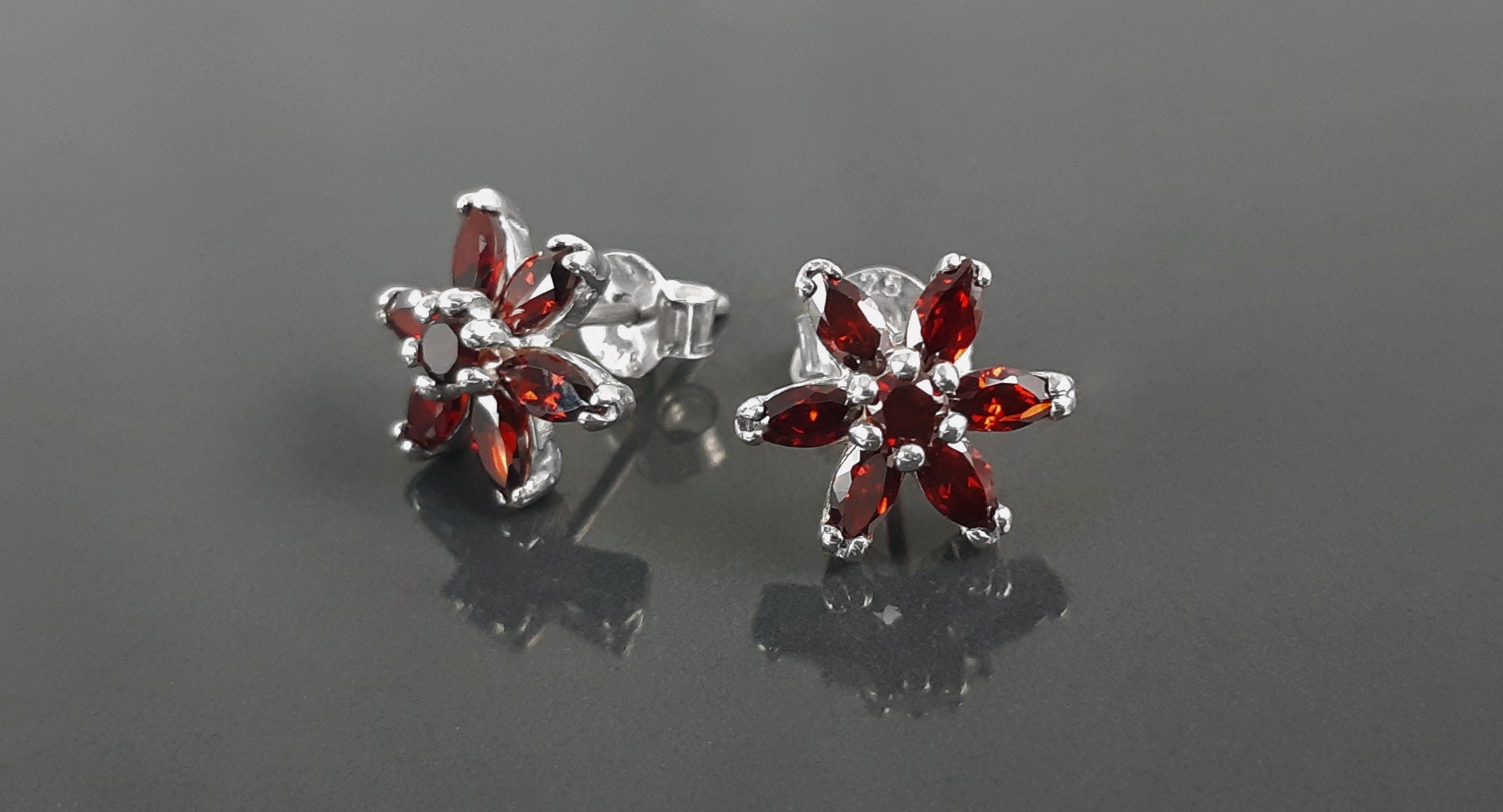 Sterling Silver Red Flower Earrings Pendant Set, Garnet CZ, Floral Jewelry Gift for her
