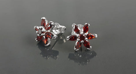 Sterling Silver Red Flower Earrings Pendant Set, Garnet CZ, Floral Jewelry Gift for her