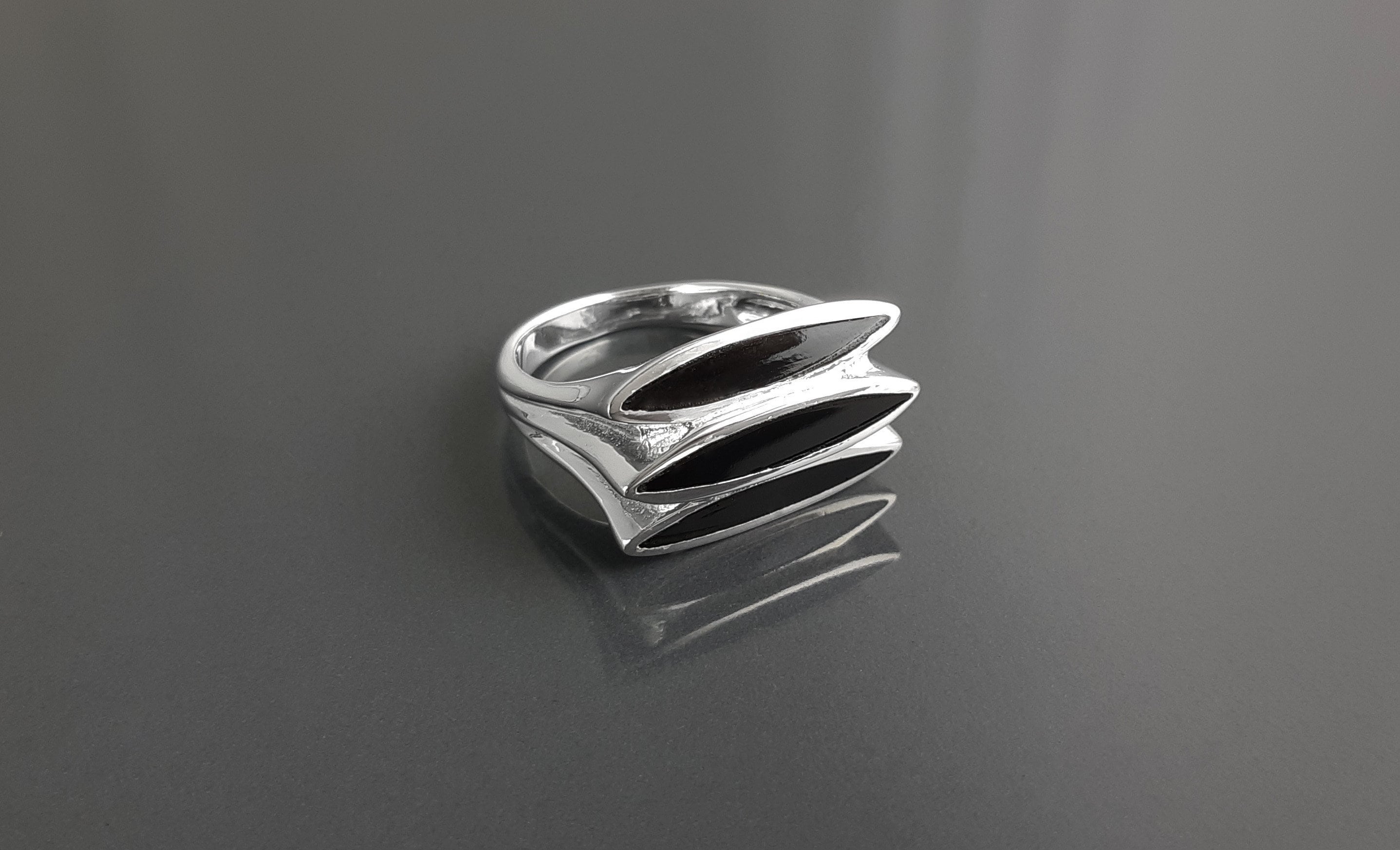 Sterling Silver Black Onyx Geometric Ring, Modern Design