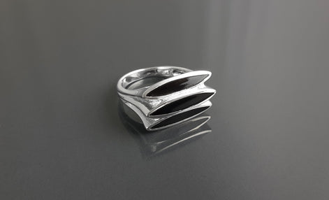 Sterling Silver Black Onyx Geometric Ring, Modern Design