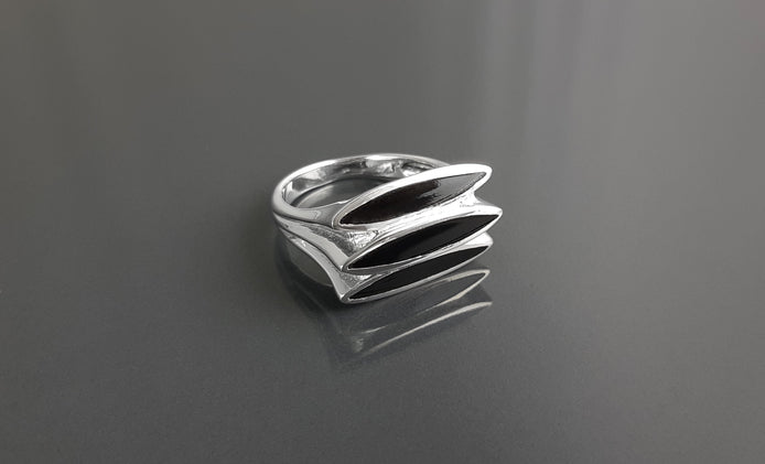 Sterling Silver Black Onyx Geometric Ring, Modern Design