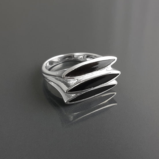 Sterling Silver Black Onyx Geometric Ring, Modern Design