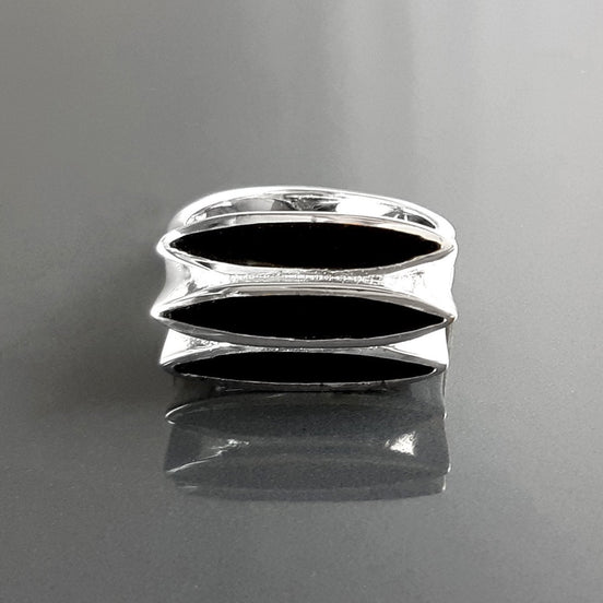 Sterling Silver Black Onyx Geometric Ring, Modern Design