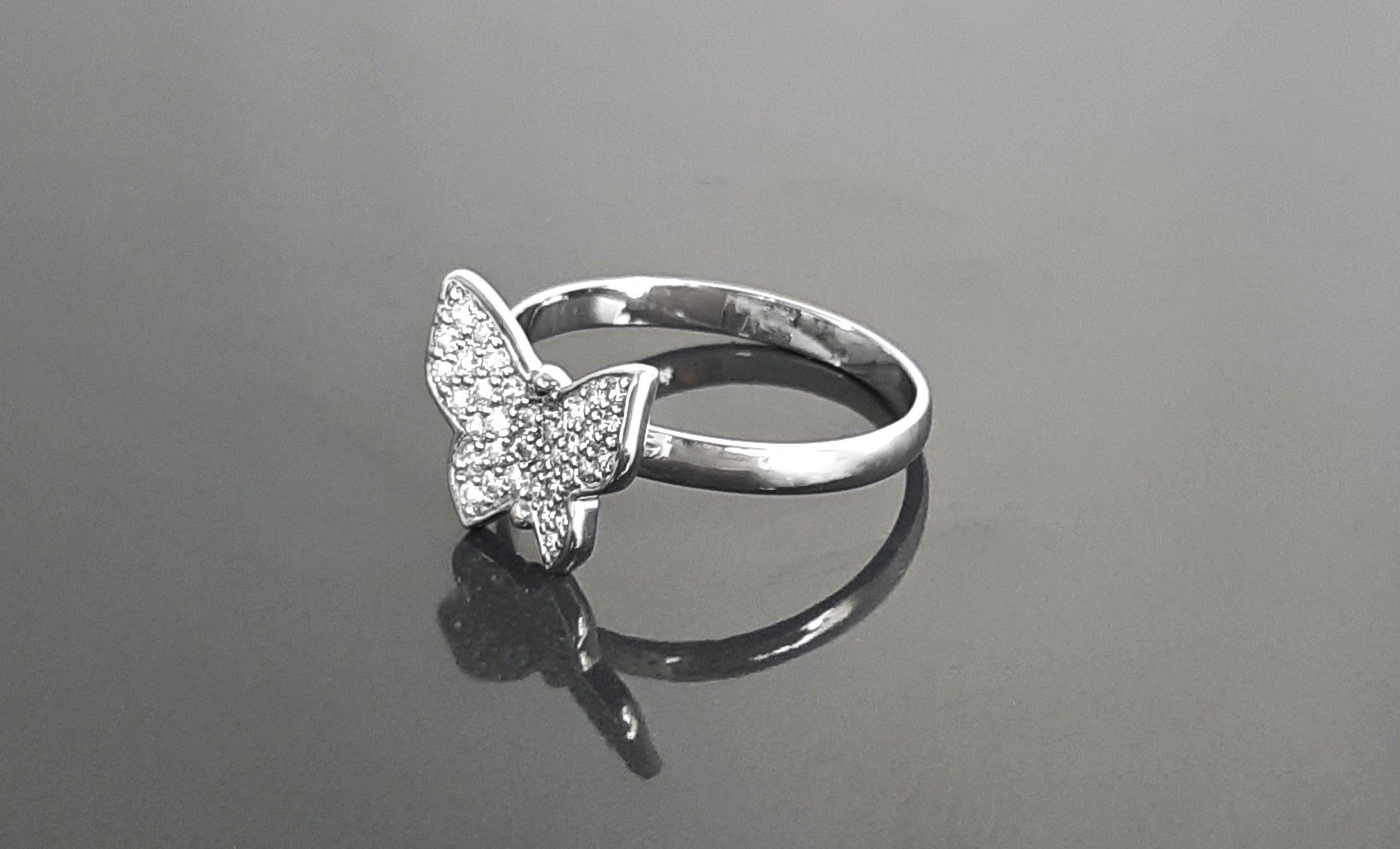 Butterfly Ring, Sterling Silver, Clear White Stones (CZ), Designer Butterflies Jewelry, Fashion Ring, Gift for Her, Bright Ring