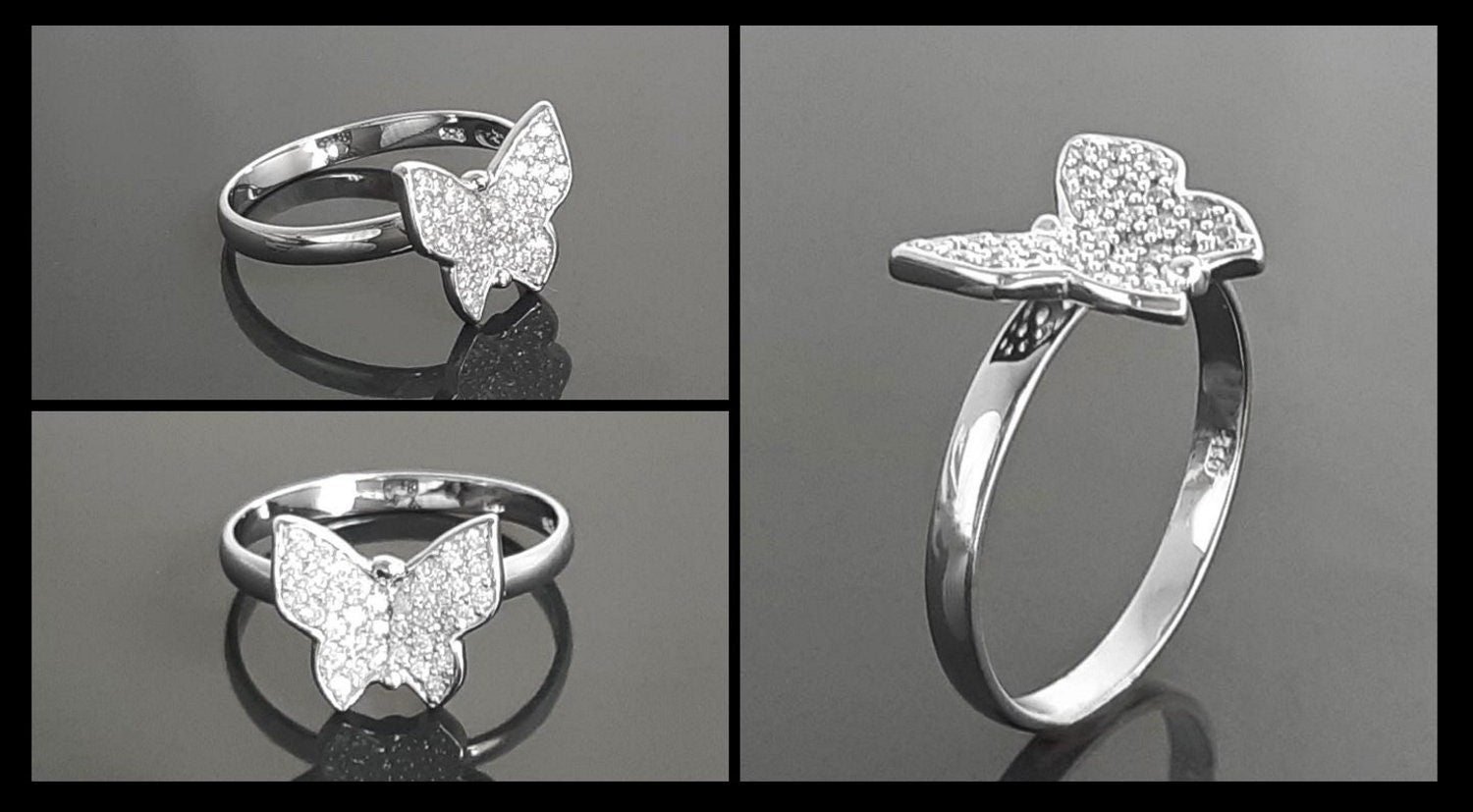 Butterfly Ring, Sterling Silver, Clear White Stones (CZ), Designer Butterflies Jewelry, Fashion Ring, Gift for Her, Bright Ring