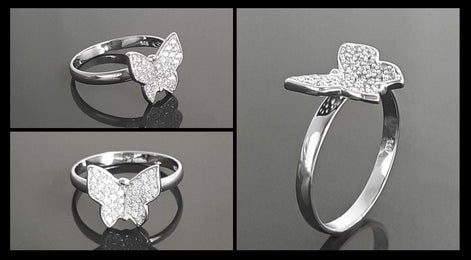 Butterfly Ring, Sterling Silver, Clear White Stones (CZ), Designer Butterflies Jewelry, Fashion Ring, Gift for Her, Bright Ring