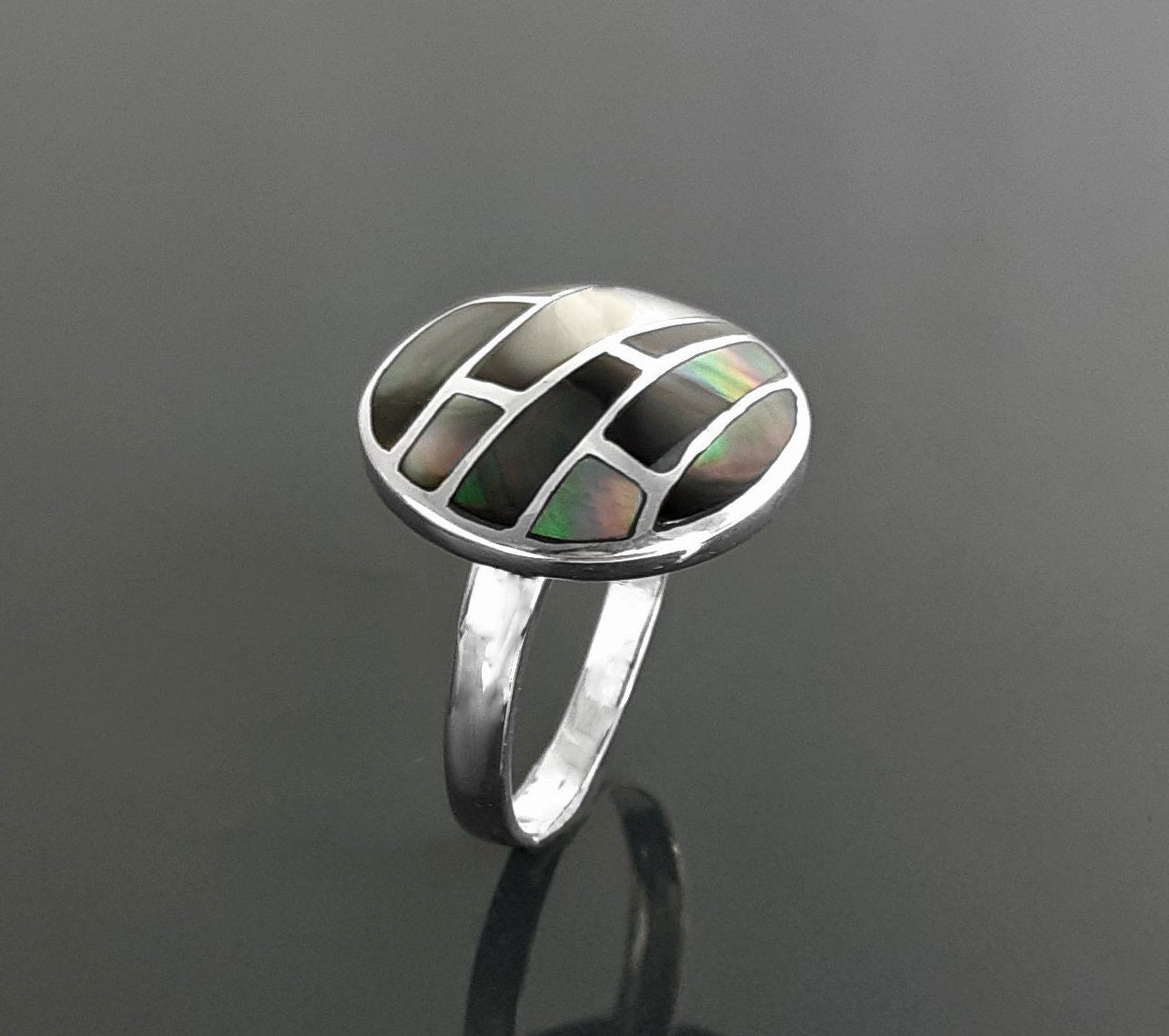 Sterling Silver Mosaic Ring, Grey Paua Shell, White Mother of Pearl, Geometric Jewelry