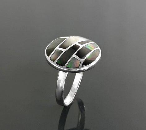 Sterling Silver Mosaic Ring, Grey Paua Shell, White Mother of Pearl, Geometric Jewelry