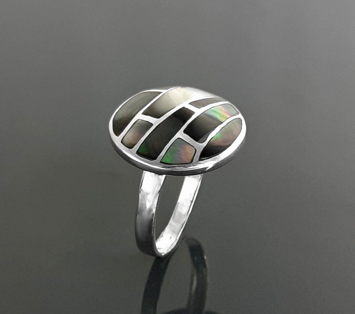 Sterling Silver Mosaic Ring, Grey Paua Shell, White Mother of Pearl, Geometric Jewelry