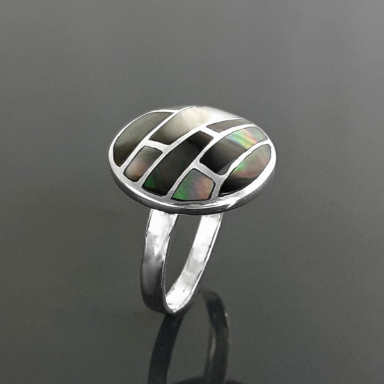 Sterling Silver Mosaic Ring, Grey Paua Shell, White Mother of Pearl, Geometric Jewelry